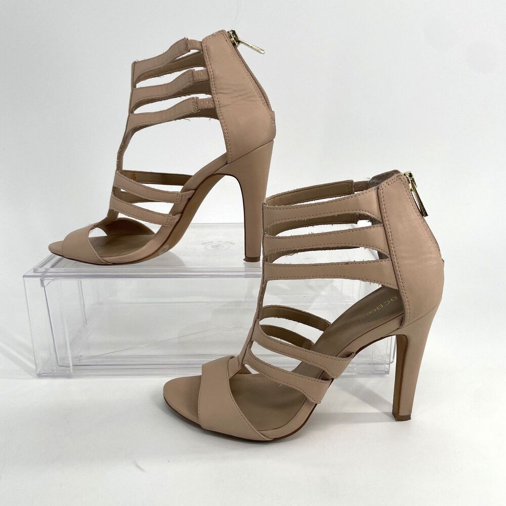 BCBGeneration Strappy Cage Shoes 7.5 B Stilletto Heels Nude Zip Back Open Toe - Picture 1 of 11